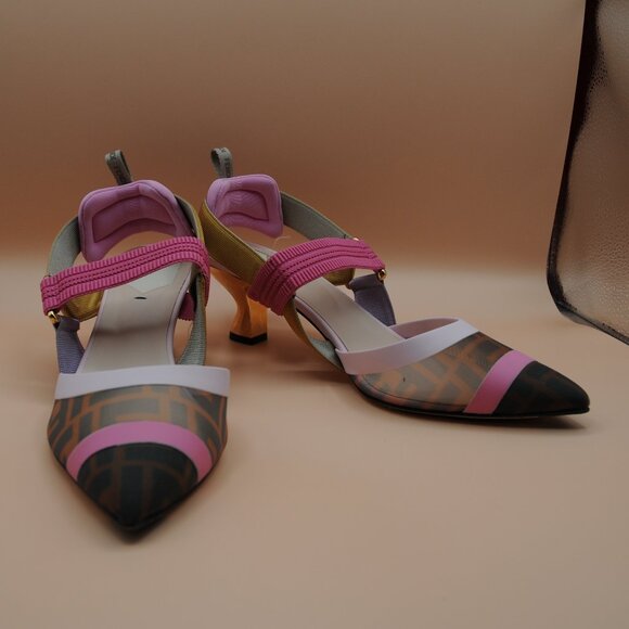 Fendi Colibri 55mm Mesh Slingback Pumps Pink Gold Monogram - Picture 4 of 7